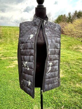 LRL Lauren Active Womens XL Camo Quilted Puffer Vest Black Stretch Knit Back